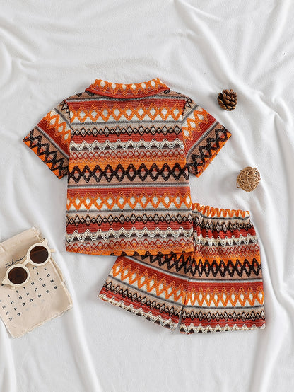 Boys' Summer Striped Waffle Knit Shirt & Shorts Set