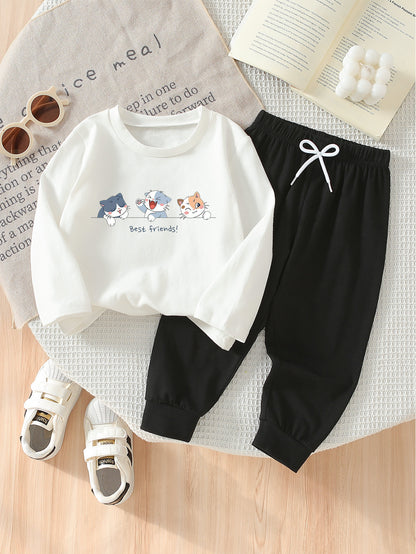 Boys' Casual Cotton 2-Piece Set with Cat Friendship Print