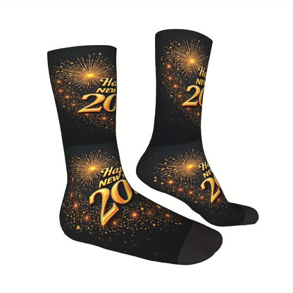 1pc Harajuku Happy New Year 2026 Crew Socks - Black with Golden Glitter "Happy New Year 51.46meter Print, Versatile Sports & Fitness Socks for Men, Women, and Gifts, Hand Wash or Dry Clean, Festive Socks | Festive Crew Socks