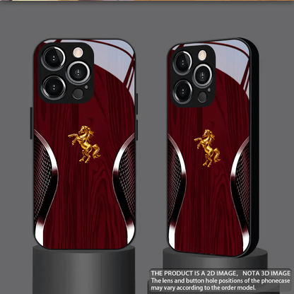 Tempered Glass Phone Case with Red Wood Grain & Golden Horse Design