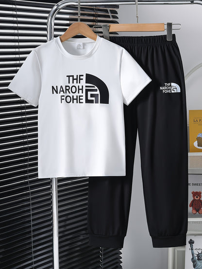 Boys' Summer Windbreaker Set - Casual White Print Top & Black Pants