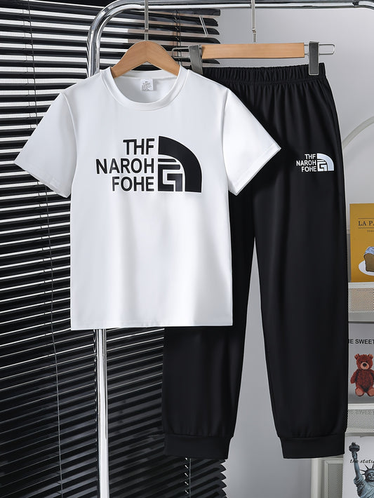 Boys' Summer Windbreaker Set - Casual White Print Top & Black Pants