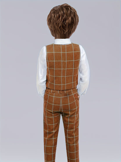 Boys' Plaid Vest & Pants Set with Bow Tie for Spring Fall