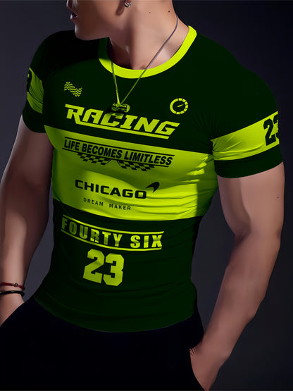 Men'S Racing Graphic T-Shirt - Bold Neon Green  Black Racing Car Design, Lightweight Breathable Fabric for Motorsport Events, Casual Streetwear - Chicago Dream Maker Inspired Casual Attire, Racing Jersey, Event Apparel, Spor