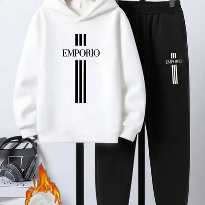 Boys' 2pcs Hoodie and Sweatpants Set with EMPORIO Print, Polyester Material, Comfortable Fit for Autumn/Winter Wear, Perfect for Daily Use and Outdoor Activities | Back-to-School Gift | Ideal for Home Sports | Essential for R