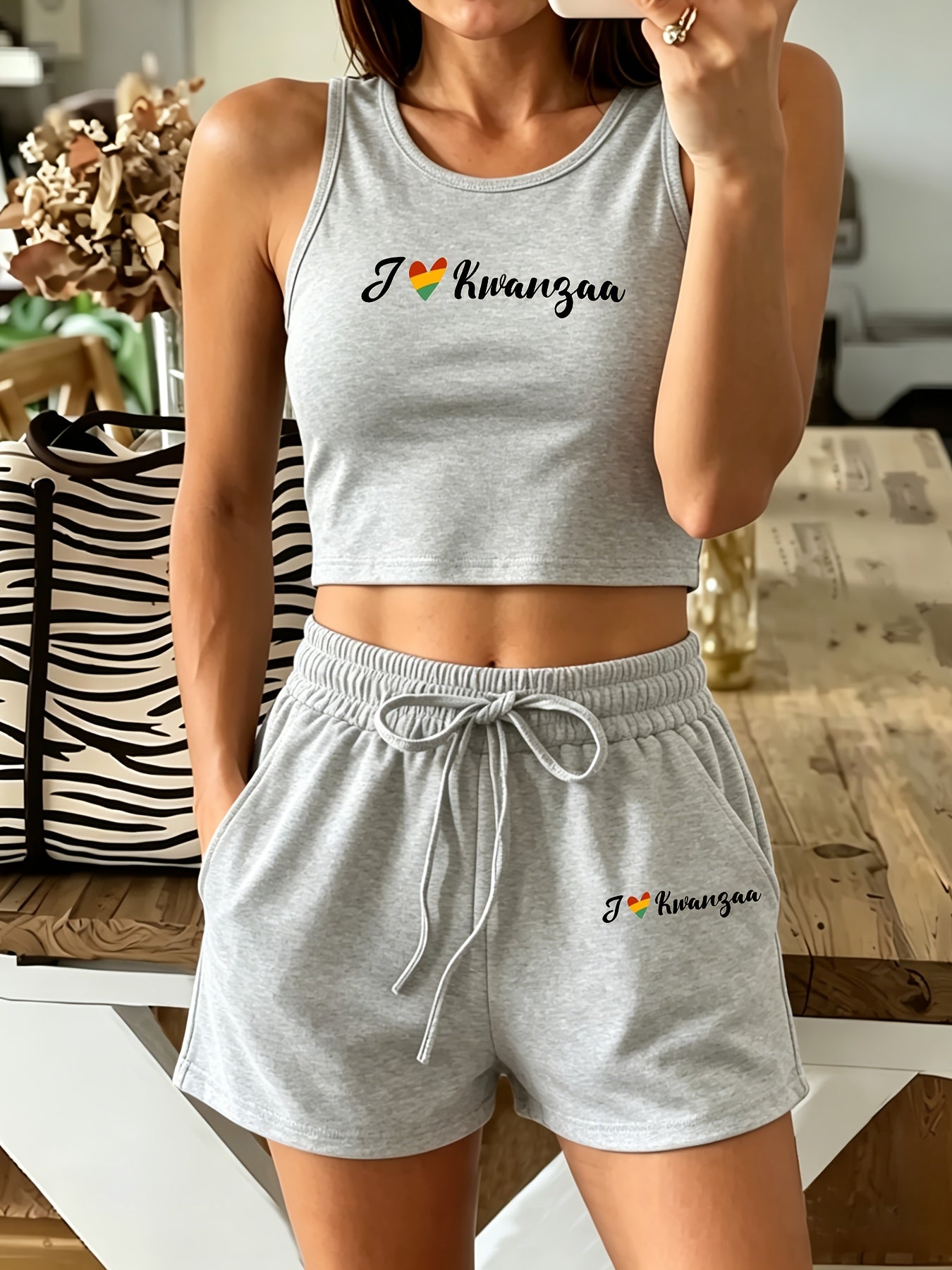 Women's Casual Two-Piece Vest and Shorts Set with Drawstring