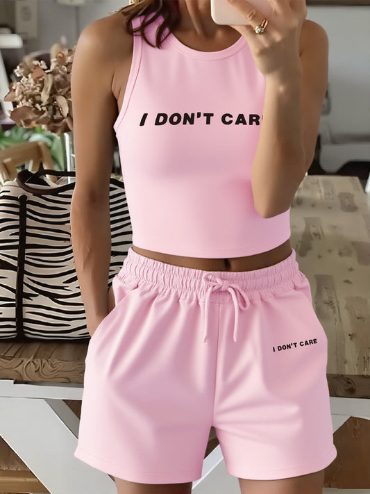 Women's Casual Vest and Shorts Set with Drawstring Pockets
