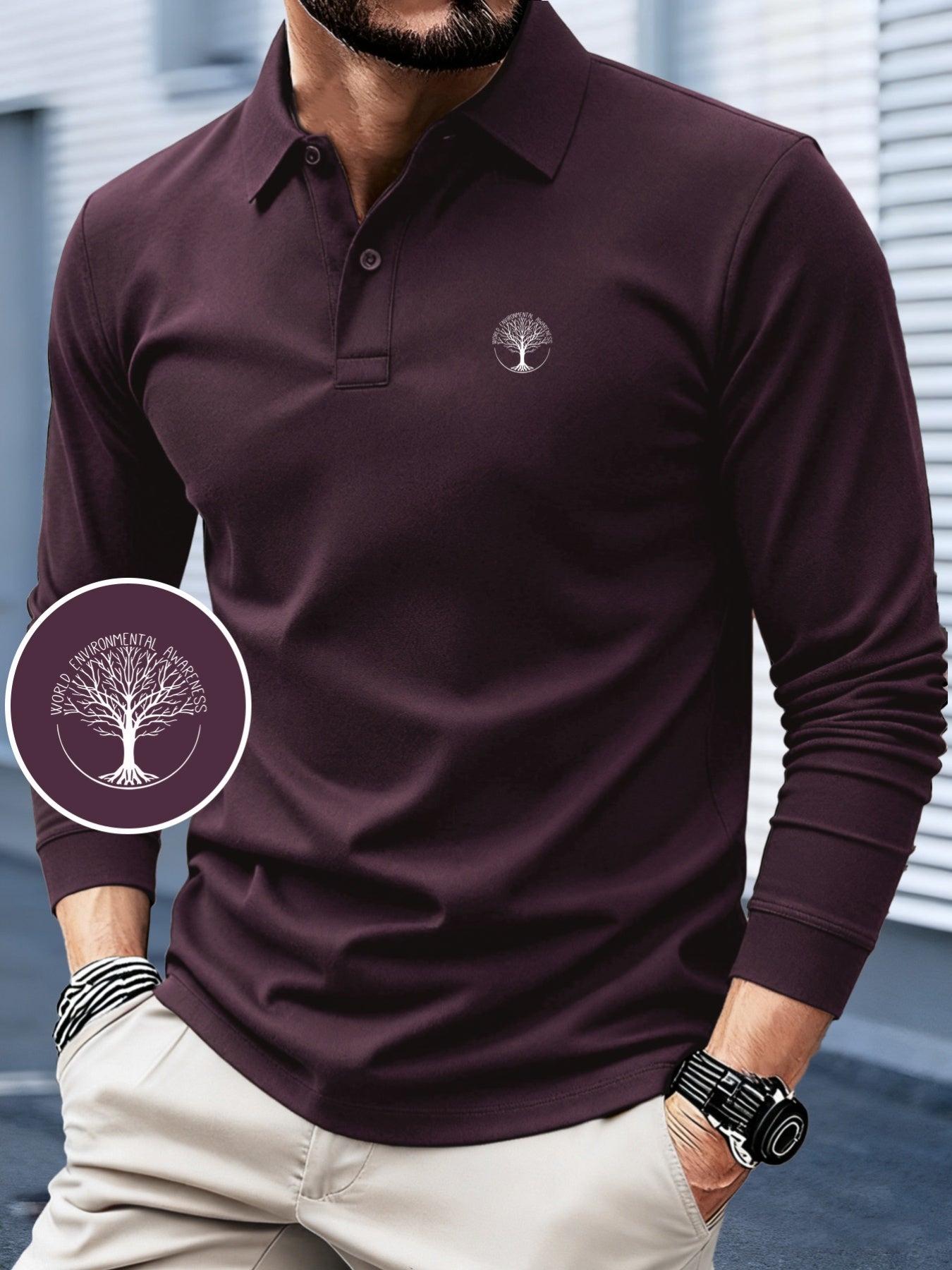 Men's Long-Sleeve Polo Shirt with Tree of Life Print