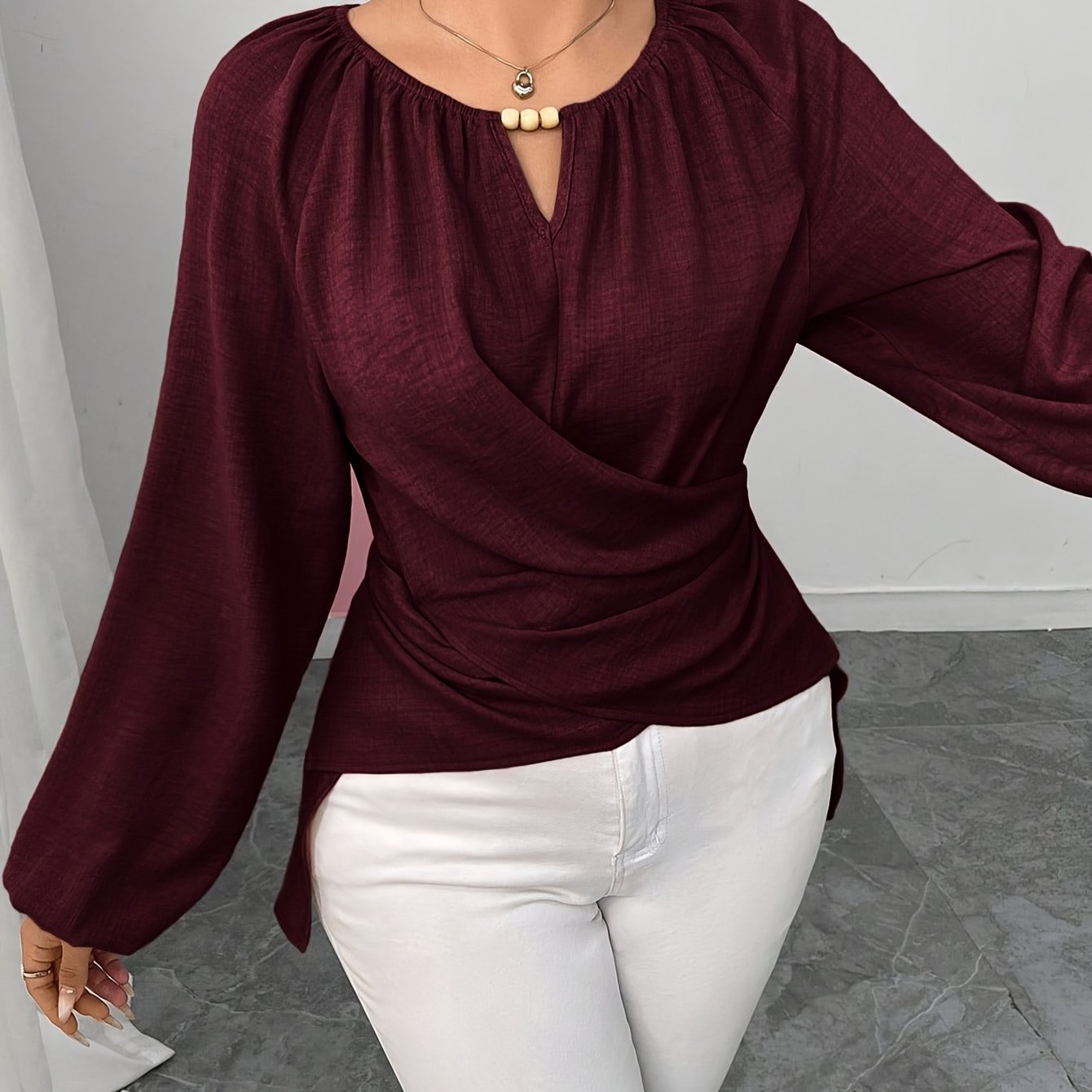 Women'S Elegant Beaded Wrap Shirt - Long Sleeve Round Neck Blouse with Beaded Embellishment, Solid Burgundy/Red/Pink/ - Casual to Formal