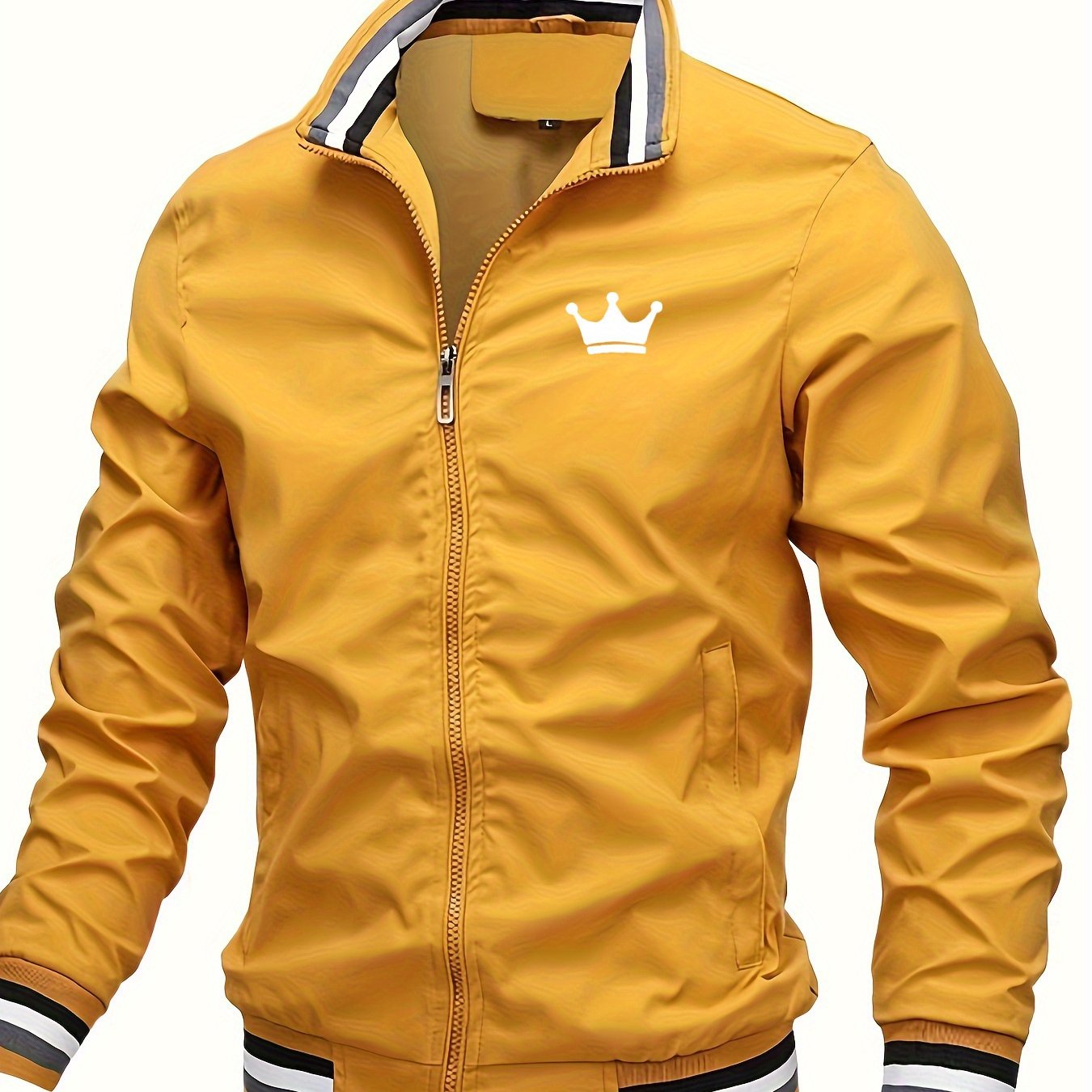 Men's Lightweight Jacket - Mustard-Yellow with Black Print Stripes, Zipper Closure & Structured Fit for Urban Streetwear, Formal Events - Spring/Fall Outerwear Coat, Spring Outerwear, Striped Detail Jacket, Nonstretch Materia