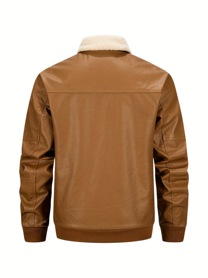 Men'S Faux Leather Bomber Jacket with Fleece Lining - Casual Motorcycle Style, Zip-Up, Long Sleeve, Drop Shoulder, Polyester Lining, Regular Fit, Outdoor & Hiking Wear, Outdoor Jacket | Bomber Jacket | Polyester Lined Jacket
