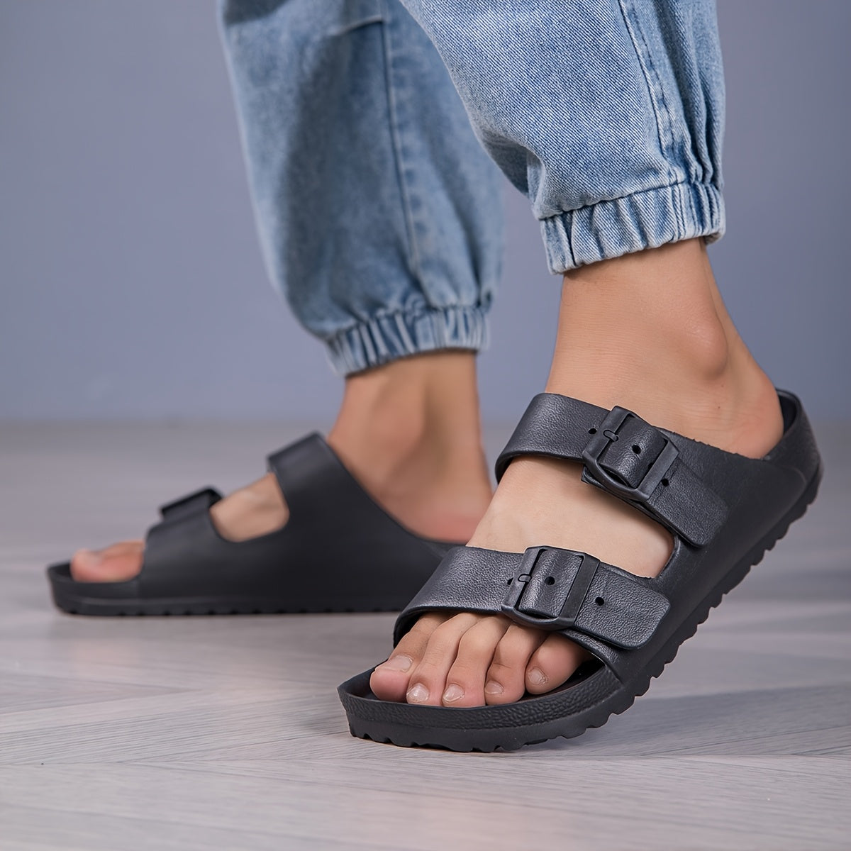Men's Casual Slide Sandals with Dual Adjustable Buckles
