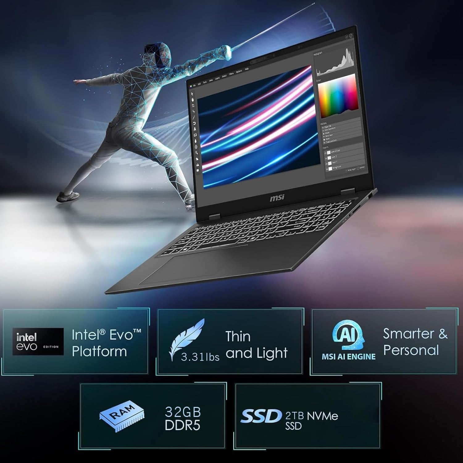 MSI Prestige 16 AI EVO Laptop, Ultra Thin Business Laptop, Intel Ultra 7-155 H, 16" QHD+, 32 GB LPDDR5 RAM, 2 TB SSD, Wi-Fi 7, AI Engine, Windows 11 Pro & MS Office Lifetime License