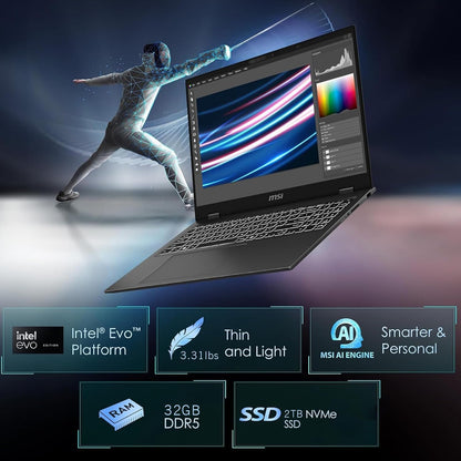 MSI Prestige 16 AI EVO Laptop, Ultra Thin Business Laptop, Intel Ultra 7-155 H, 16" QHD+, 32 GB LPDDR5 RAM, 2 TB SSD, Wi-Fi 7, AI Engine, Windows 11 Pro & MS Office Lifetime License