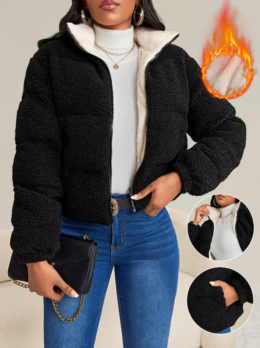 Women's Winter Warm Faux Fur Coat with Plush Lining - Full-Zip Long Sleeve Solid Black Jacket, Machine Washable Casual Outerwear for Cold Weather, Faux Fur Collar & Plush Lining, Versatile Everyday Coat