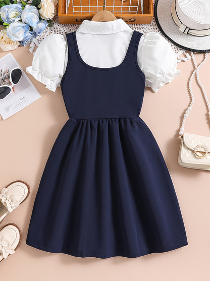 Girls' Preppy Fit & Flare Dress Set with Puff Sleeve Shirt
