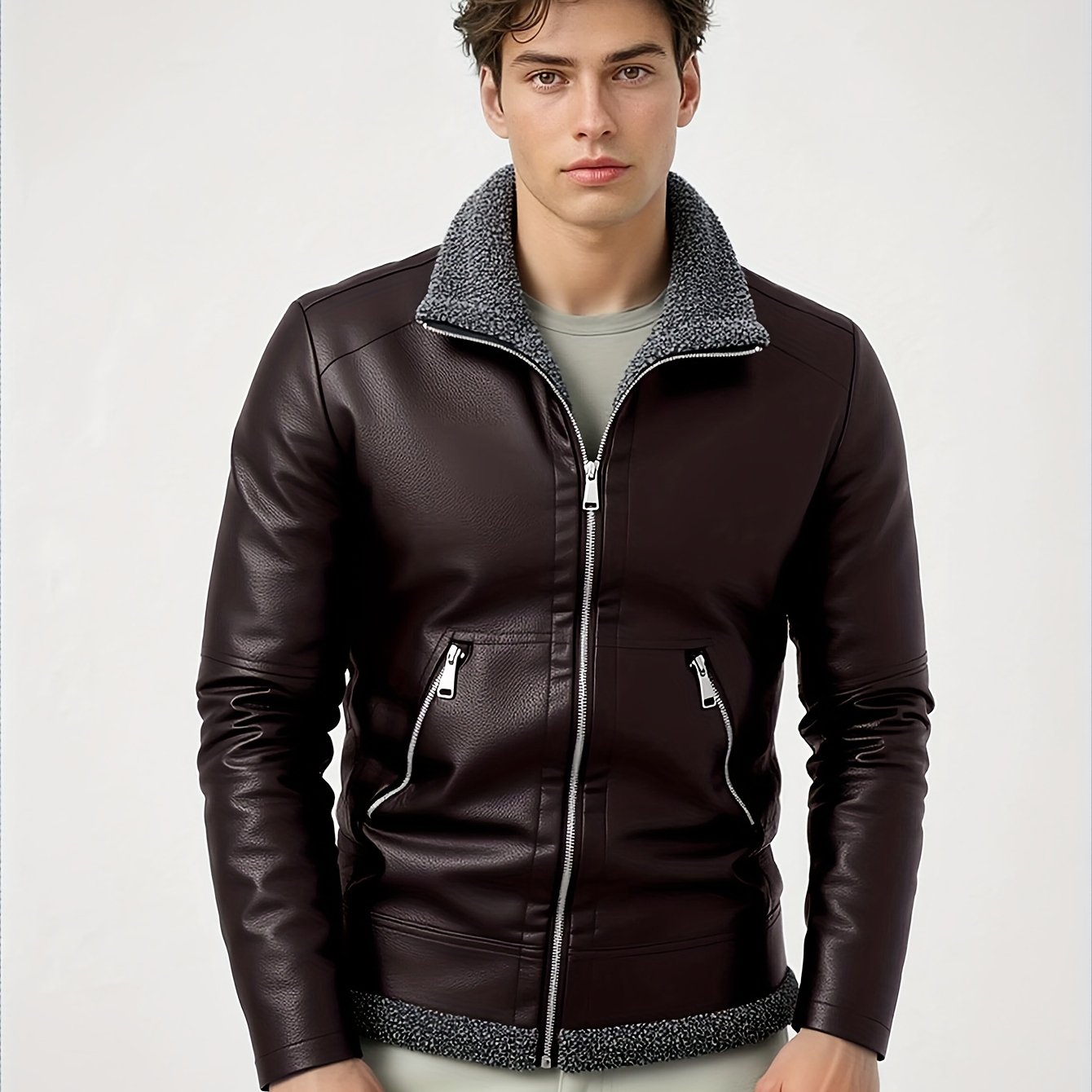 Men'S Cozy Fleece-Lined Bomber Jacket - Thick Winter Coat with Multiple Pockets, Zip-Up Casual Pilot Style, Brown, Polyester Lining, Perfect for Fall & Winter, Winter Bomber Jacket