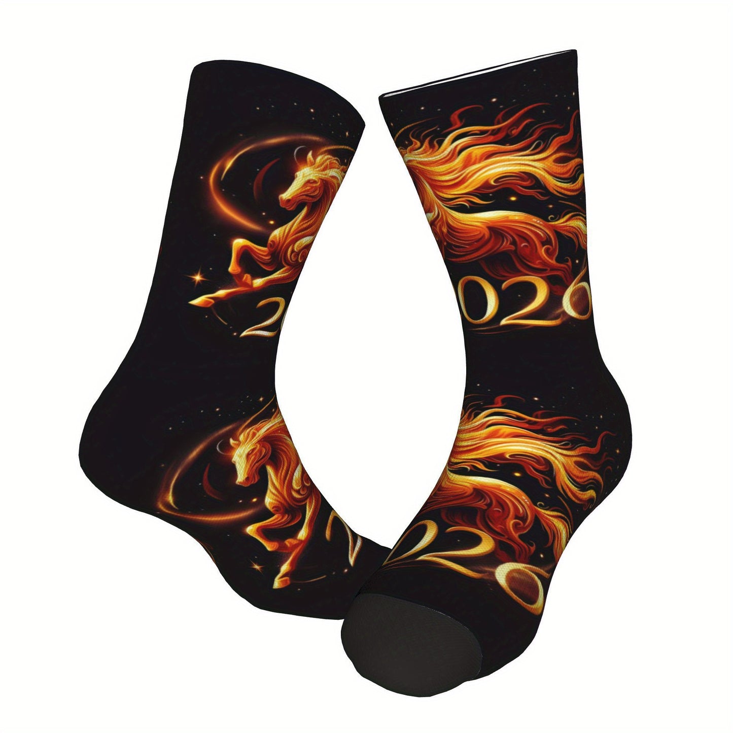 1pc Designed Socks sporty styles 2026 Year of the Horse Creative mid-calf socks geometric designs 3D digital print socks, cute socks for teens and adults ideal for daily wear, perfect for gift giving!
