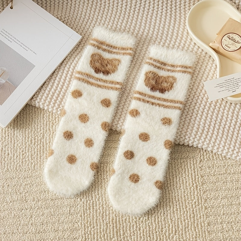 5 Pairs Women'S Cozy Fleece-Lined Mid-Calf Socks with Adorable Cartoon Bear Design - Thick, Warm, Breathable, and Soft for Home Comfort, Perfect for Fall and Winter, Cozy Home Wear | Playful Sock Design | Soft Fleece Lining,