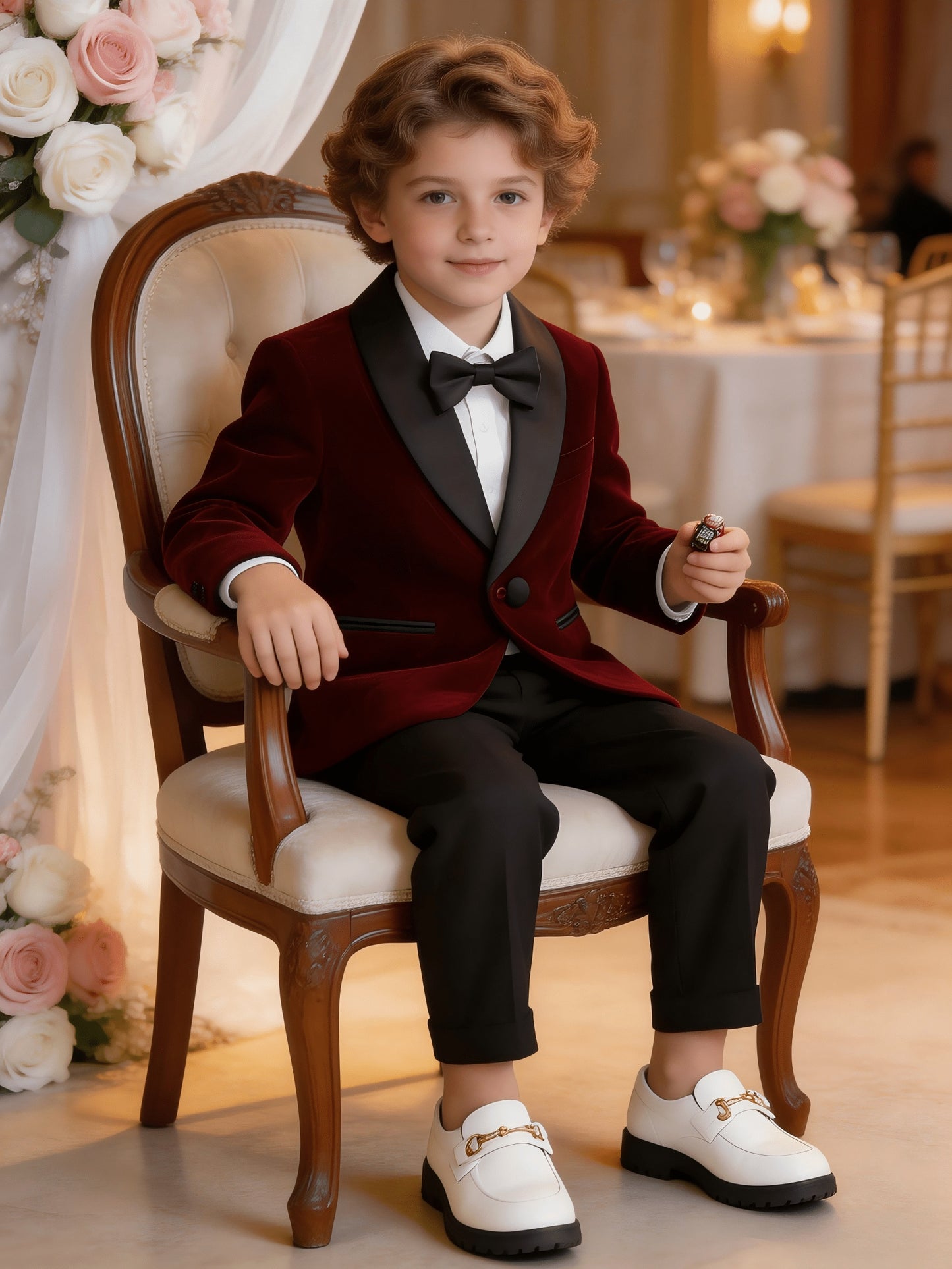 Boys Velvet Suit Set with Jacket, Trousers & Bow Tie - Formal Wear