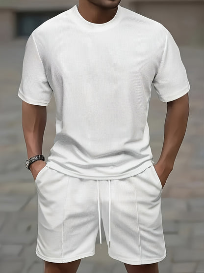 European and American Style Men's Basic Solid Color Set Round Neck Short Sleeve T-Shirt + Shorts Two-Piece Suit