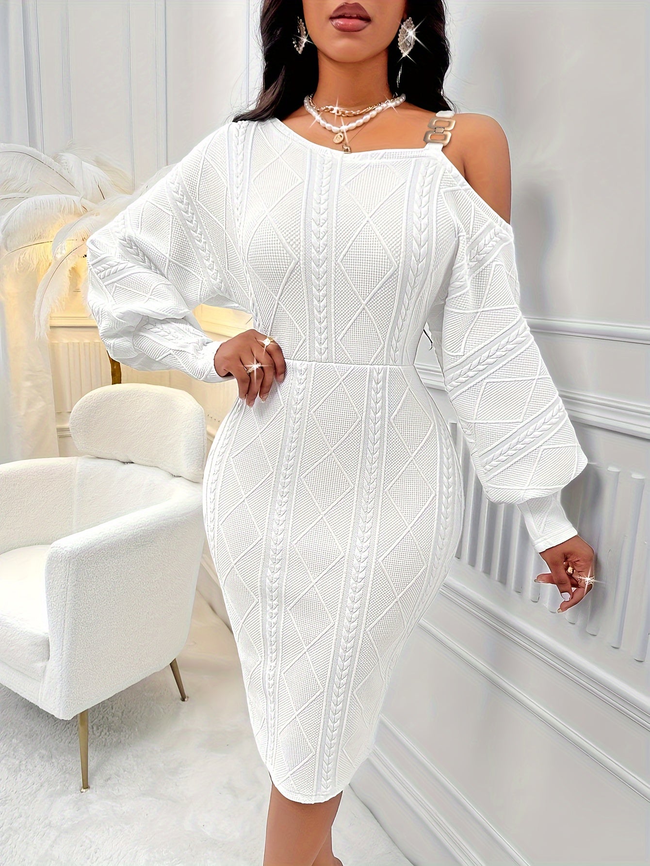 Chain Strap Slim Long Sleeve Dress, Elegant Solid Color Cold Shoulder Asymmetrical Neck Dress For Spring & Fall, Women's Clothing