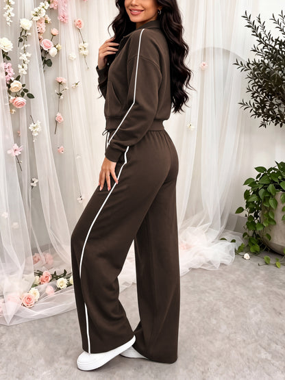 Women's Casual Two-Piece Set with Embroidered Jacket & Wide-Leg Trouse - ayq