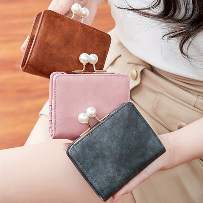 Women's Wallet Short Compact Three Layer LargeCapacity Retro Pearl Wallet High Quality PU Multi Card Seat/Coin ZeroWallet