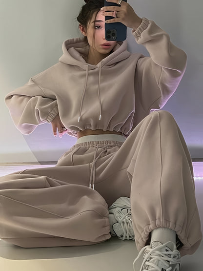 Women's Casual Fall/Winter Solid Color Hoodie & Elastic Waist Pants Se - ayq