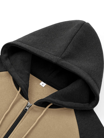 Men'S Casual Sports Hoodie Two-Piece Set with a Color-Blocked Design, Featuring a Zip And Drawstring Waist, Suitable for Jogging in All Seasons
