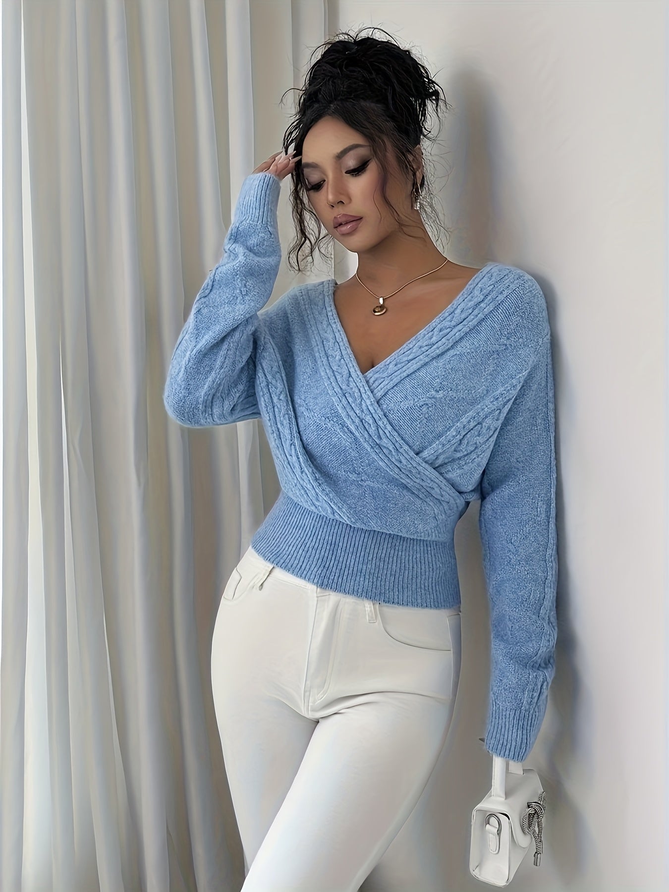 Elegant Ladies' V-neck Sweater | Solid Color, Ideal for Fall/Winter Season