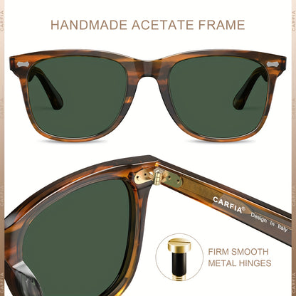 CARFIA Square Polarized Glasses For Men UV400 Protection Retro Acetate Italian Hand-crafted Driving Shades