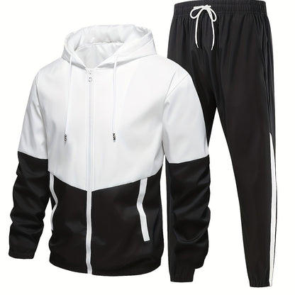 2pcs Men'S Casual Sportswear Set - Color Block Hooded Jacket and Pants, Polyester, Machine Washable, All-Season, with Pockets, Regular Fit, Spring Sportswear|Hooded Sportswear|Machine Washable Fabric