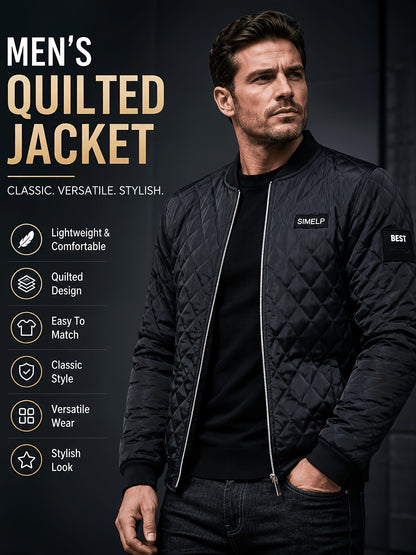 Men's Quilted Bomber Jacket with Ribbed Collar for Fall/Winter
