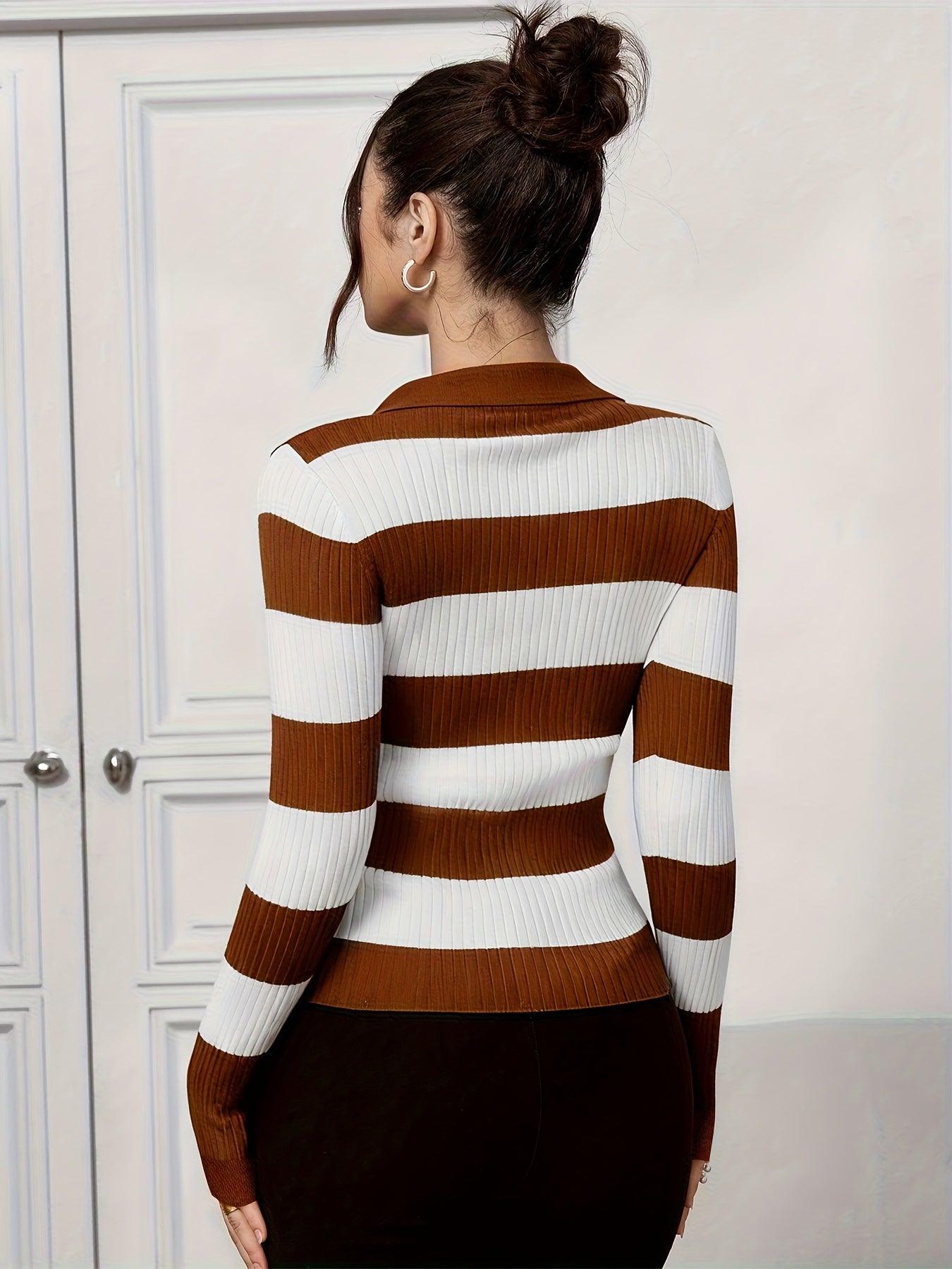 Elegant Color Block Striped Pullover Sweater with Lapel Collar