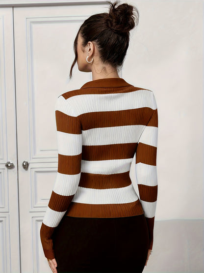 Elegant Color Block Striped Pullover Sweater with Lapel Collar