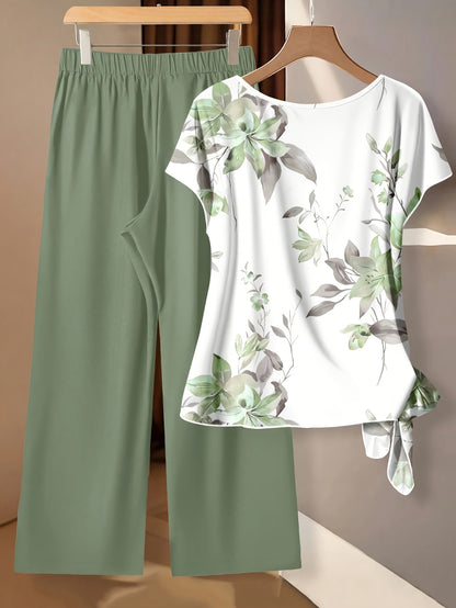 Women's Floral Bow-Tie Blouse & Loose Straight Pants Set