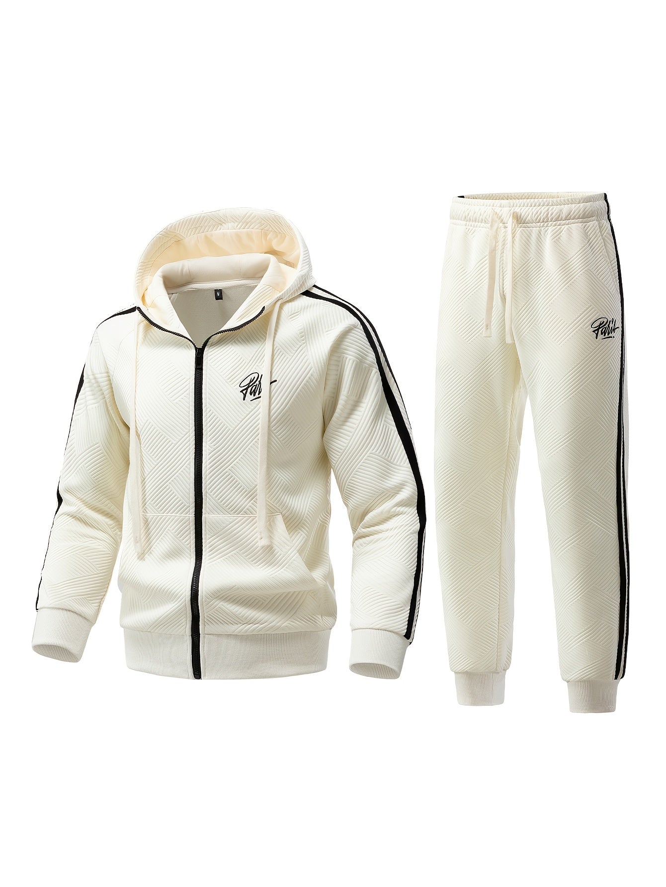 Men's Spring & Fall Jacquard Embroidered Striped Tracksuit Set - 2pcs Zip-Up Hoodie & Pants for Daily Wear, Sports & Outdoor Trips