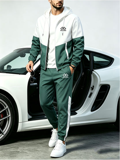 Men's Spring-Fall Patchwork Athletic Hooded Jogger Set