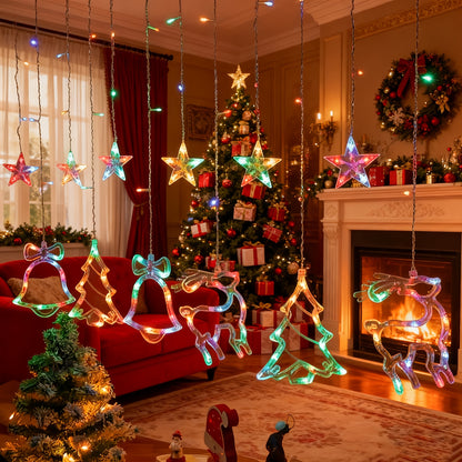 Christmas Decoration Icicle Curtain Lights, Window Wall Hanging String Light, USB Plug in Bell/Reindeer Fairy Lamp, Halloween/Ramadan Decor for Bedroom Living Room Backdrop Wedding Party Indoor Xmas Tree Dorm Fall Home Decor