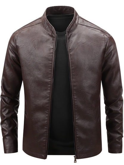 Men's Casual Baseball Collar PU Jacket with Zipper