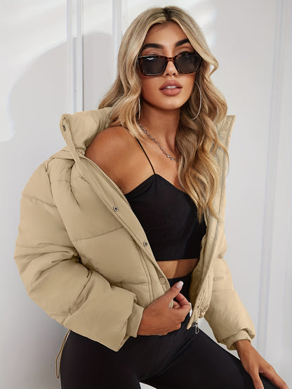 Stand Collar Pockets Puffer Jacket, Casual Drawstring Long Sleeve Jacket For Winter, Women's Clothing