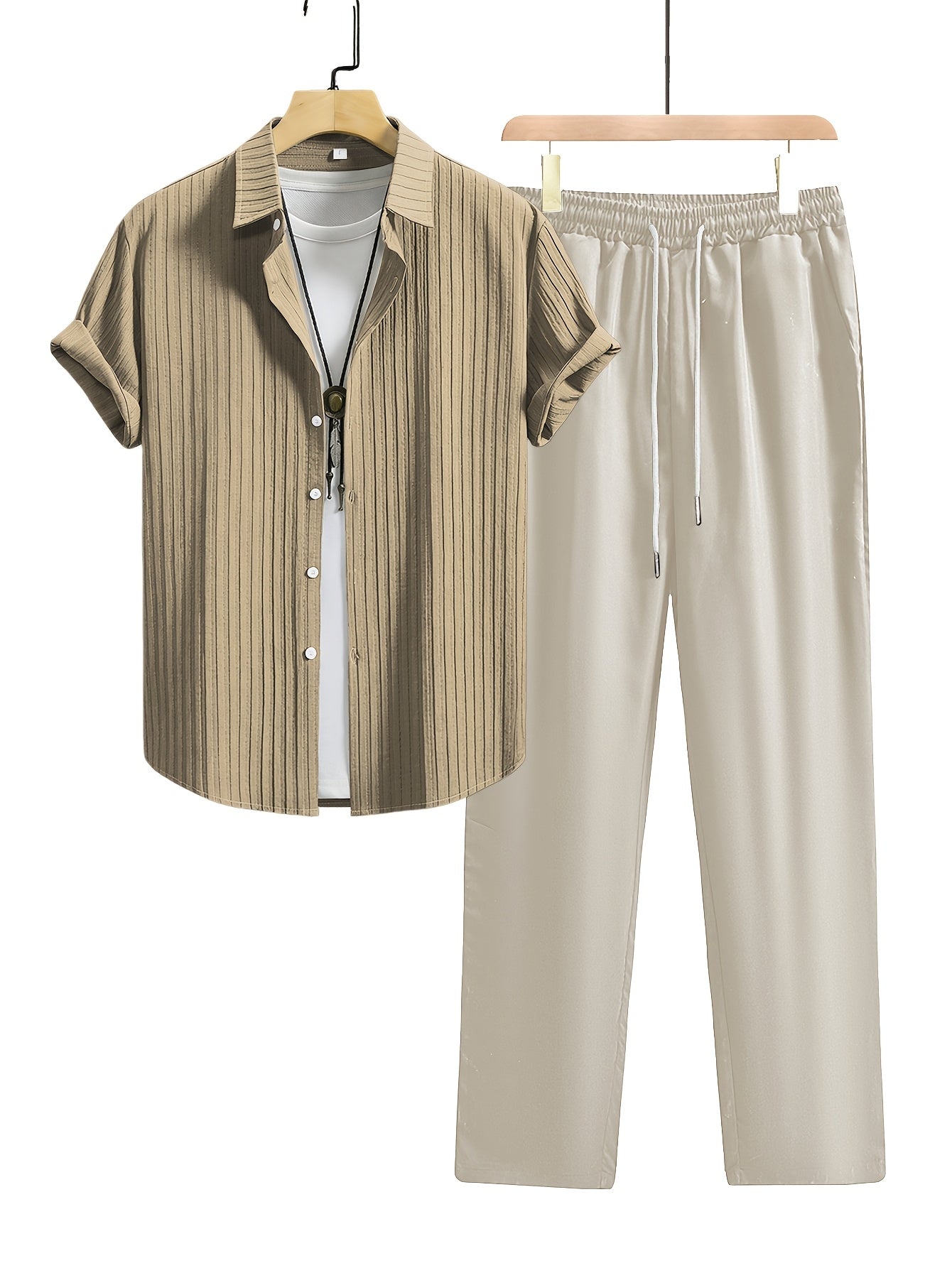 Men's Summer Casual Shirt and Trousers Set, Lightweight Woven Fabric