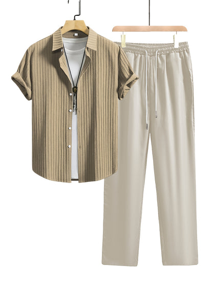 Men's Summer Casual Shirt and Trousers Set, Lightweight Woven Fabric