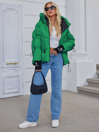 Women's Stylish Beige Puffer Jacket - Casual Warm Winter Coat with Black Trim, Long Sleeves & Zippered Hood, Polyester Fabric for Outdoor Comfort