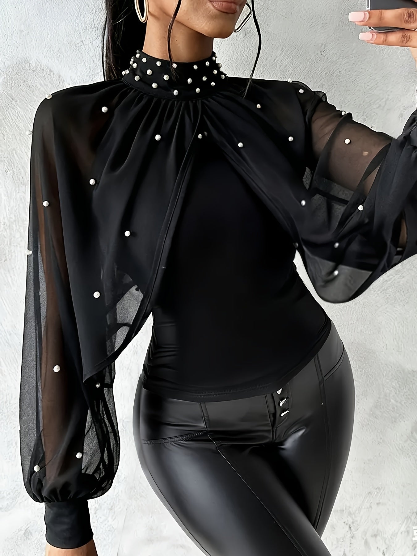 Women'S Elegant Off-Shoulder/One-Shoulder Tunic Top - Red/ - Long Sleeve Blouse with Pearl-like Beads - Formal & Everyday Chic Outfits - Spring/Fall, Fashion Lovers, Stylish Blouse, Quality Stitching, Sophisticated Design, Se