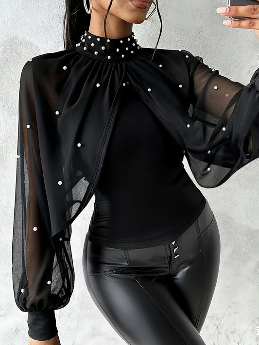 Women'S Elegant Off-Shoulder/One-Shoulder Tunic Top - Red/ - Long Sleeve Blouse with Pearl-like Beads - Formal & Everyday Chic Outfits - Spring/Fall, Fashion Lovers, Stylish Blouse, Quality Stitching, Sophisticated Design, Se