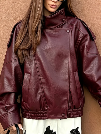 Oversized Vintage Faux Leather Biker Jacket with Buckle Collar