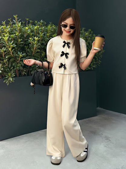 Girls' Casual Puff Sleeve Top & Pants Set for Spring Summer