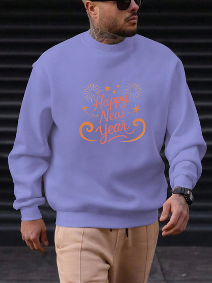Men'S Happy New Year Sweatshirt - Light Grey with Orange Lettering - Regular Fit Crewneck Pullover for New Year'S Eve, NYE Parties & Casual Attire - Non-Permanent Celebration Sweater for Everyday & Special Occasions, New Year